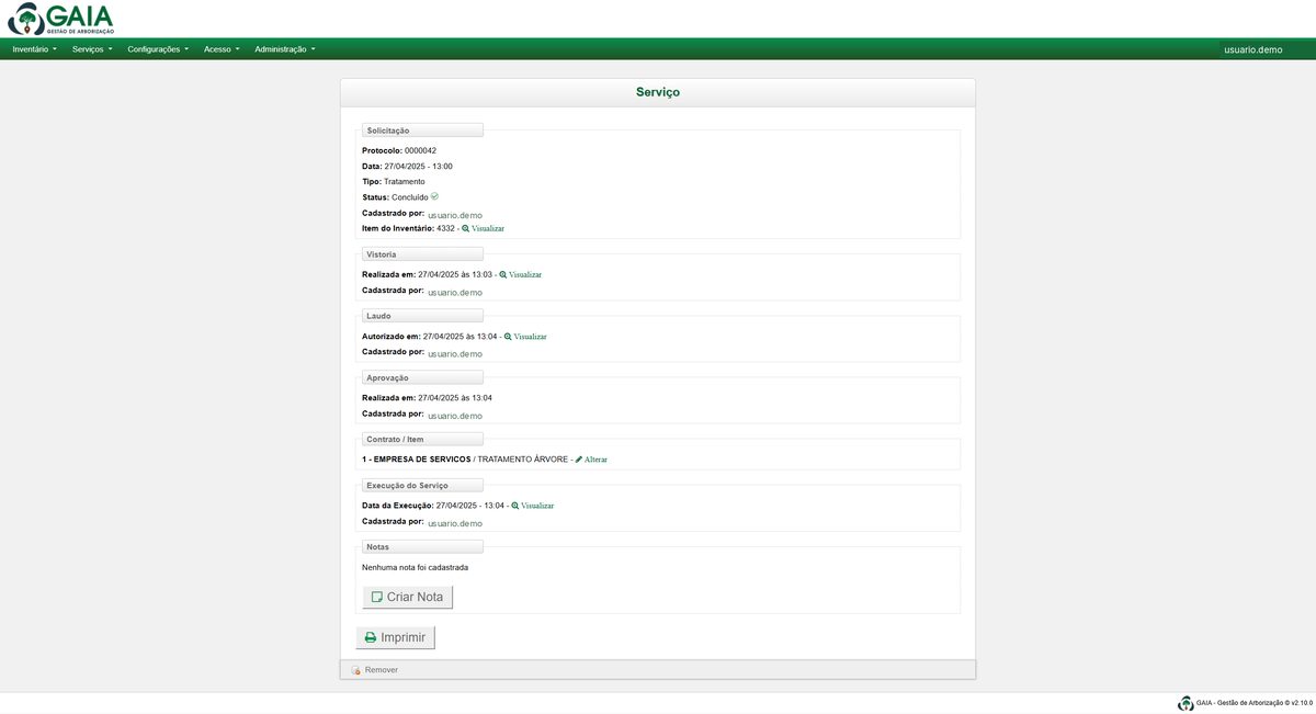 Tela de um serviço no GAIA Arboriza mostrando protocolo, vistoria, laudo autorizado, aprovação, contrato e data de execução, cada um com responsável e horário