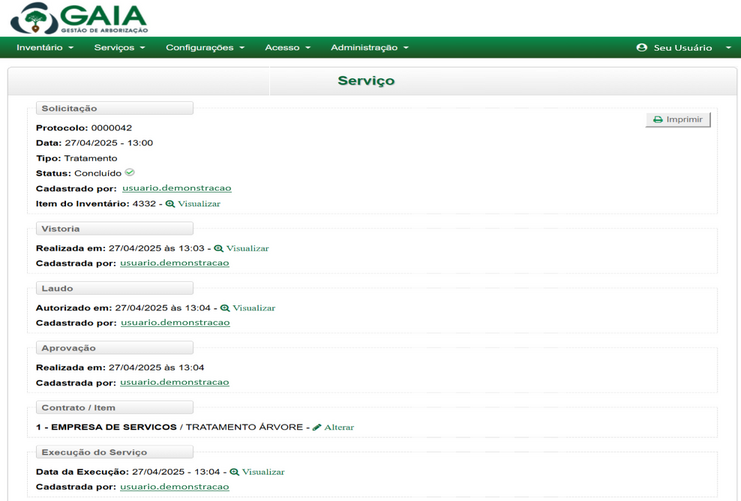 Tela de um serviço no GAIA Arboriza mostrando protocolo, vistoria, laudo autorizado, aprovação, contrato e data de execução, cada um com responsável e horário