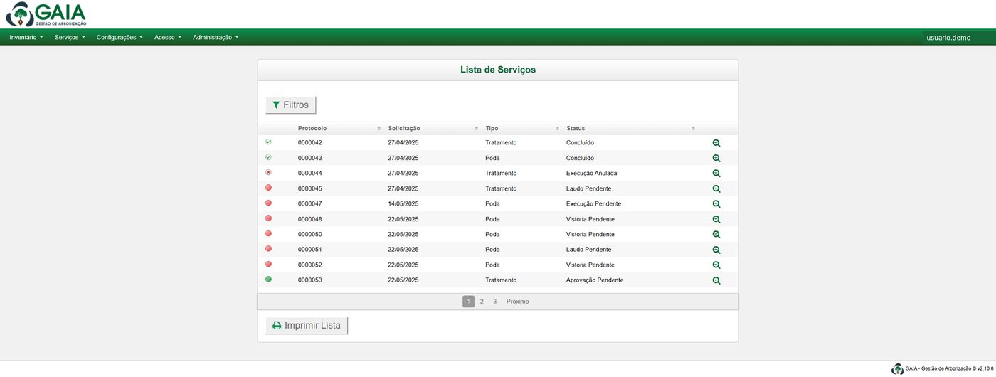 Lista de serviços do GAIA Arboriza com protocolo, data, tipo e status de cada pedido